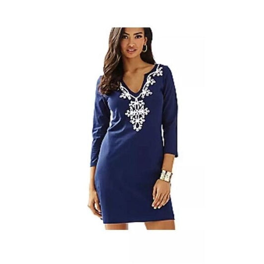 Lilly Pulitzer Women's Medium Marina Dress Navy 3/4 Sleeve V-Neck Shift Dress