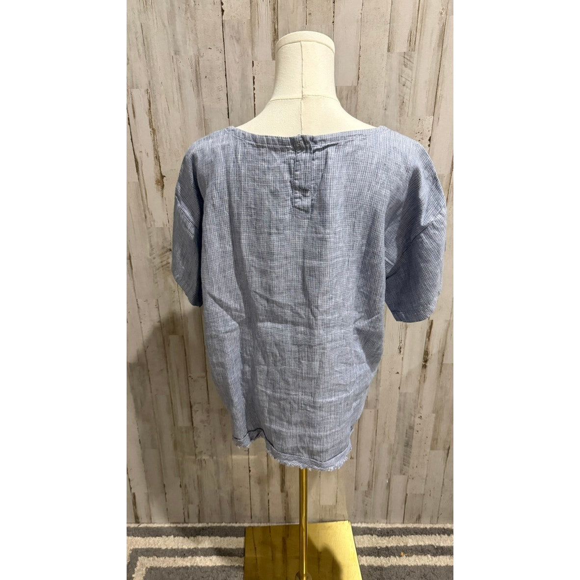 Eileen Fisher Tunic Blouse Womens Medium Blue White Pinstripe Short Sleeve