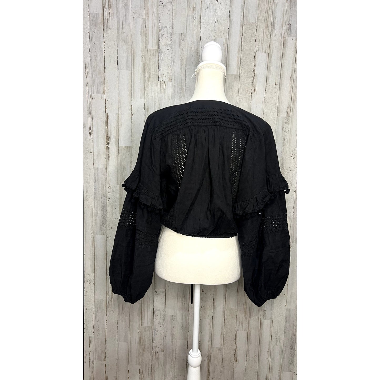 House of Harlow 1960 Women's Medium Black Puff Sleeve Cropped Boho Blouse