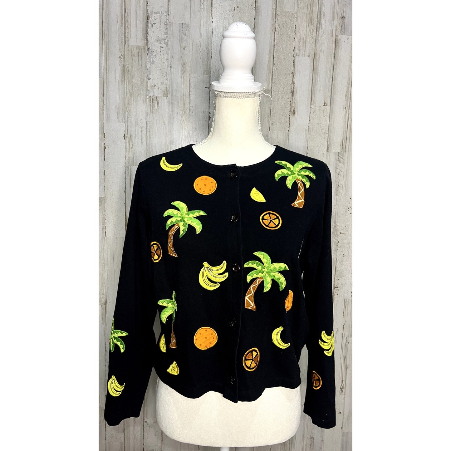 Vintage Emma Tricot Embroidered Beach Themed Cardigan Black Women's Small