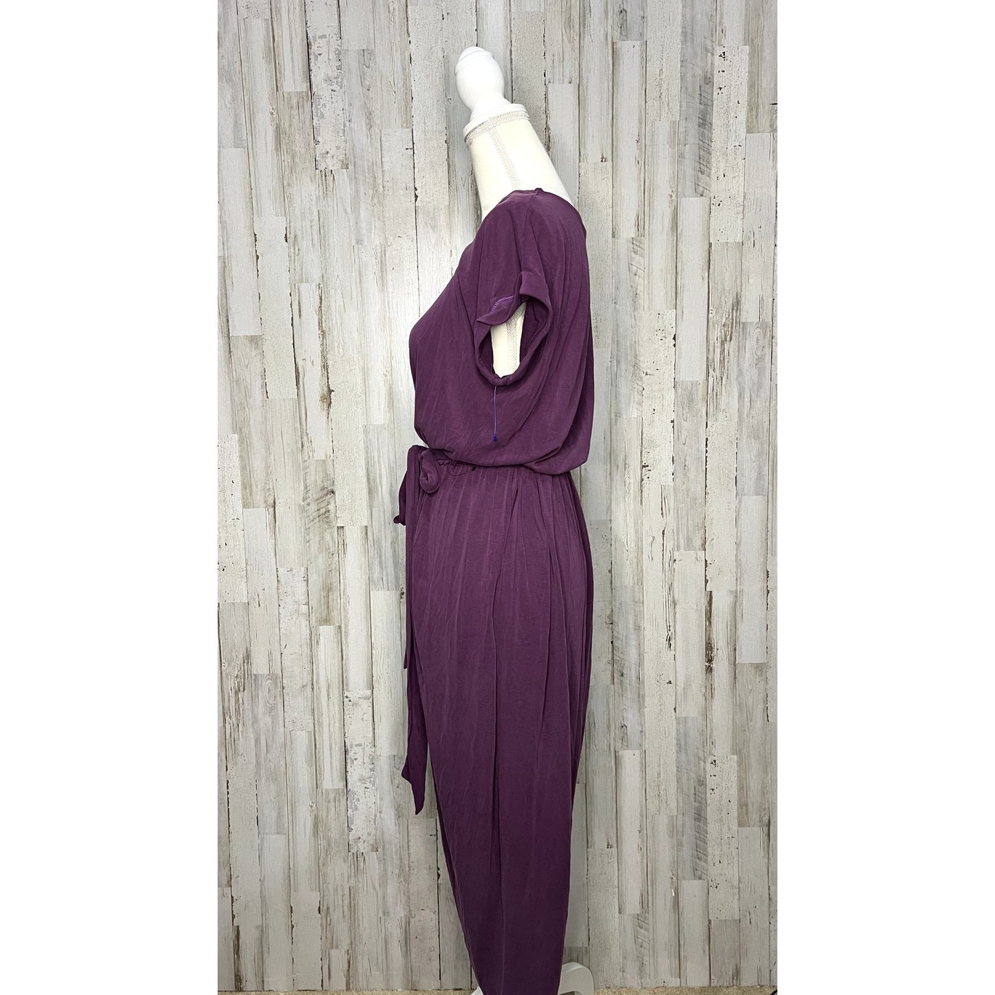 Lulus Women's Small Purple Faux Wrap Belted Midi Dress Short Sleeve Casual