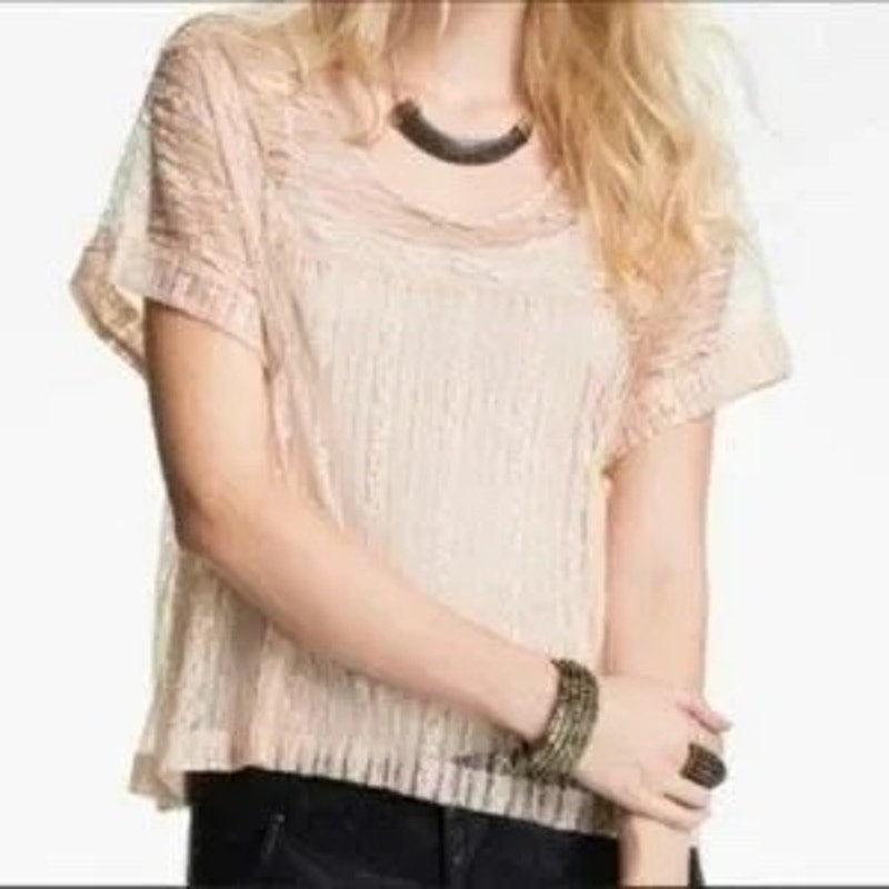 Free People Peach Tea Lace Short Sleeve Top XS Boho Cream/Pink Multicolor Blouse