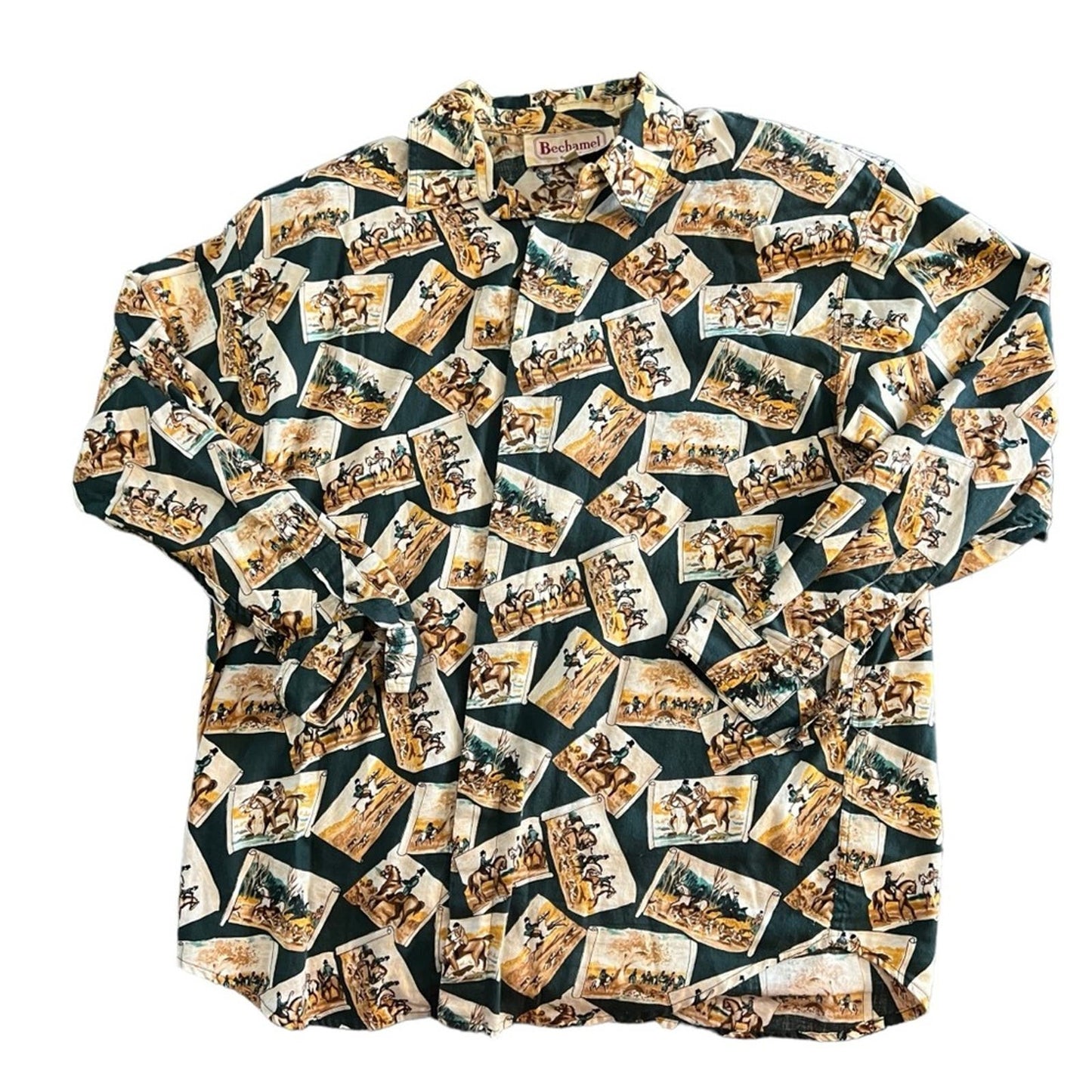Vintage Bechamel Sport Button Up Green All Over Print Horse Hunt Western Shirt