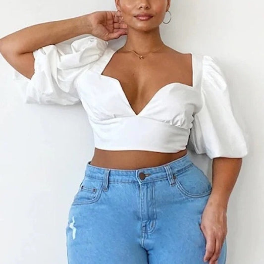 NWT Prettylittlething Womens Size 18 White Woven Puff Sleeve Structured Crop Top