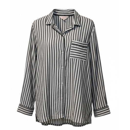 Victoria's Secret Pajama Top Womens Large Gray Striped Button Front Long