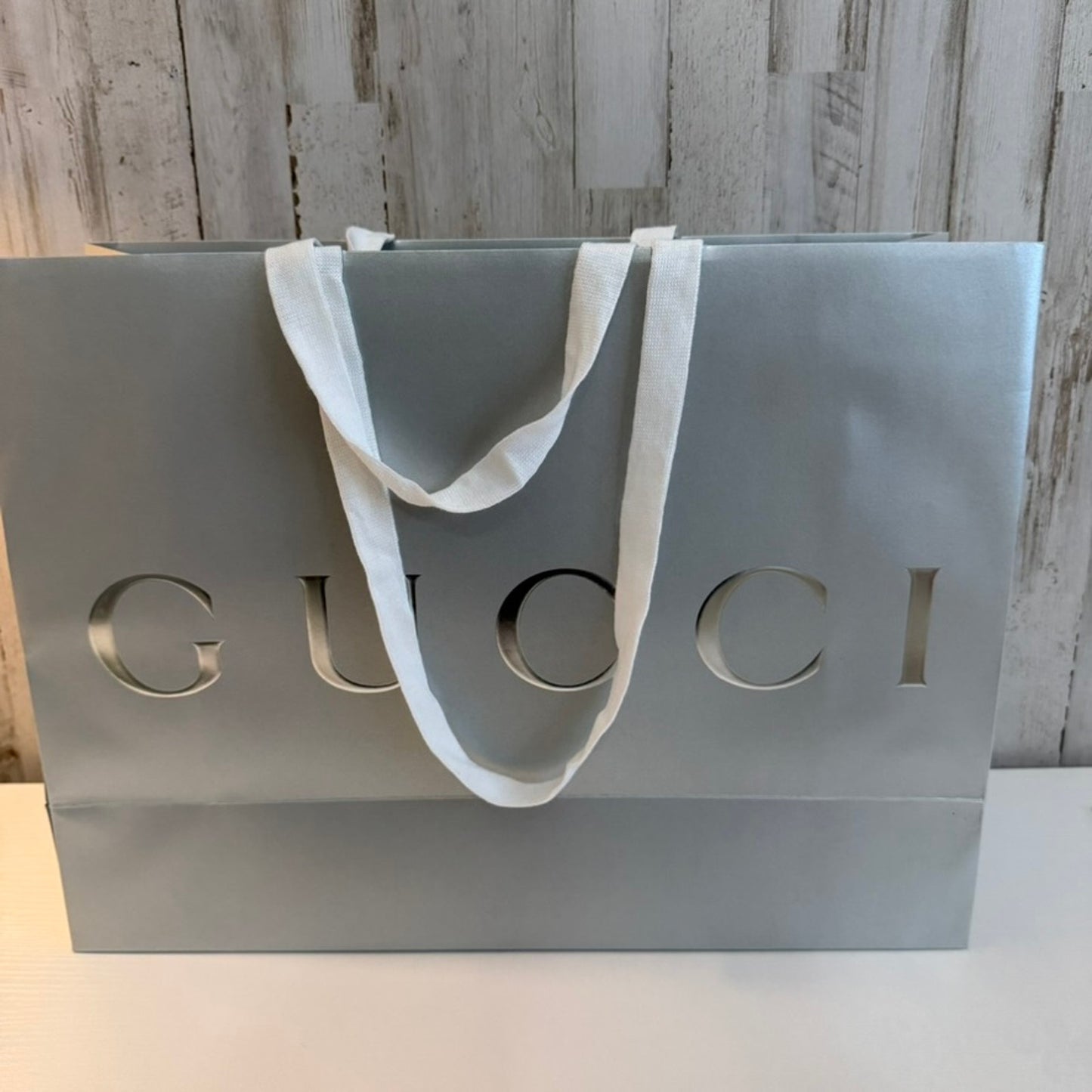 Gucci Large Metallic Silver Shopping Gift Bag White Ribbon Handles