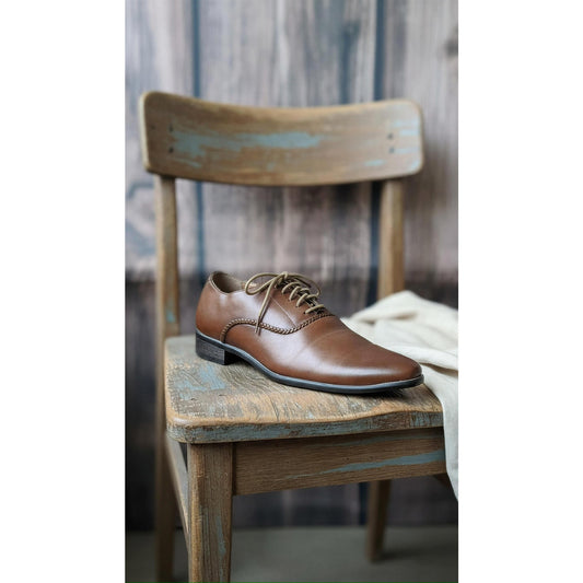 Men's Oxford Dress Shoes Brown Lace Up Braided Trim Almond