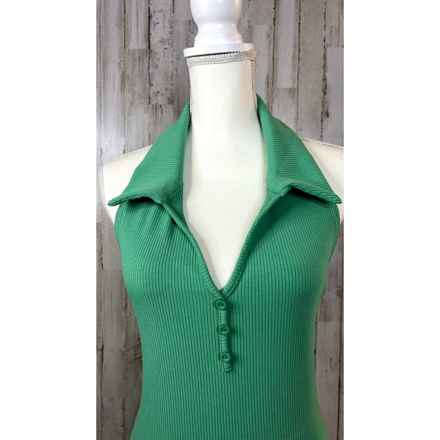 NWT Fashion Nova Women's Plus Size 2X Green Ribbed Halter Collared Mini Dress