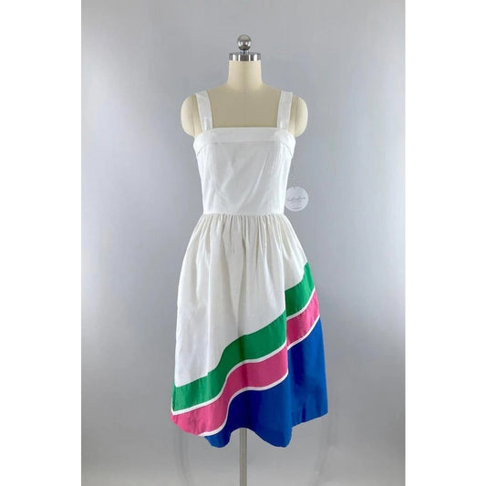 Vintage Lanz 1970s Women's Medium Colorblock Sleeveless Apron Styled Sundress