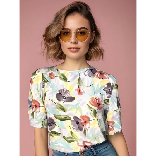 Vintage Notations Women's Medium Multicolor Watercolor Floral Short Sleeve Top