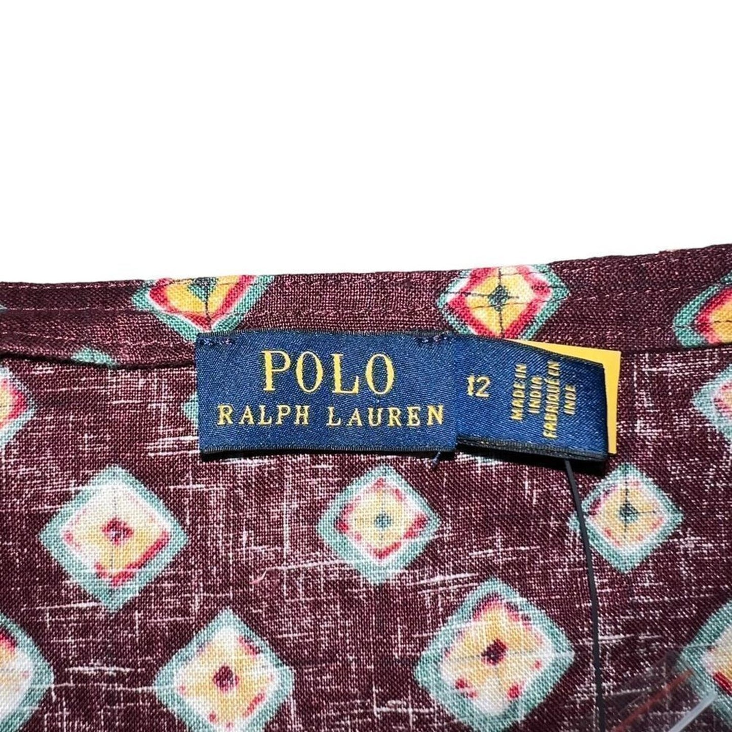 Polo Ralph Lauren Block-Print Linen Button-Front Top Size 12