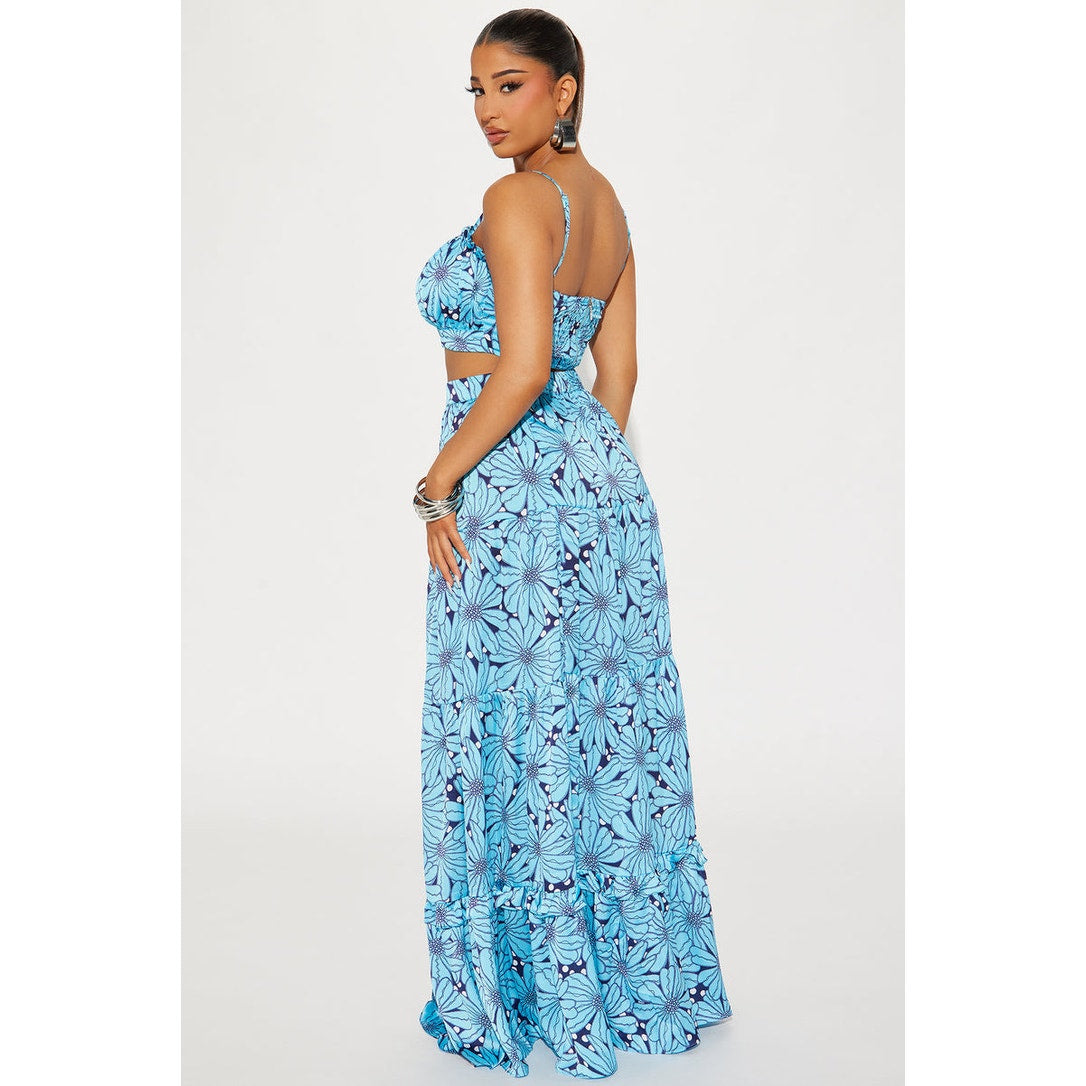 NWT Fashion Nova Women's Small Blue Floral Satin Cami Top & Maxi Skirt Set