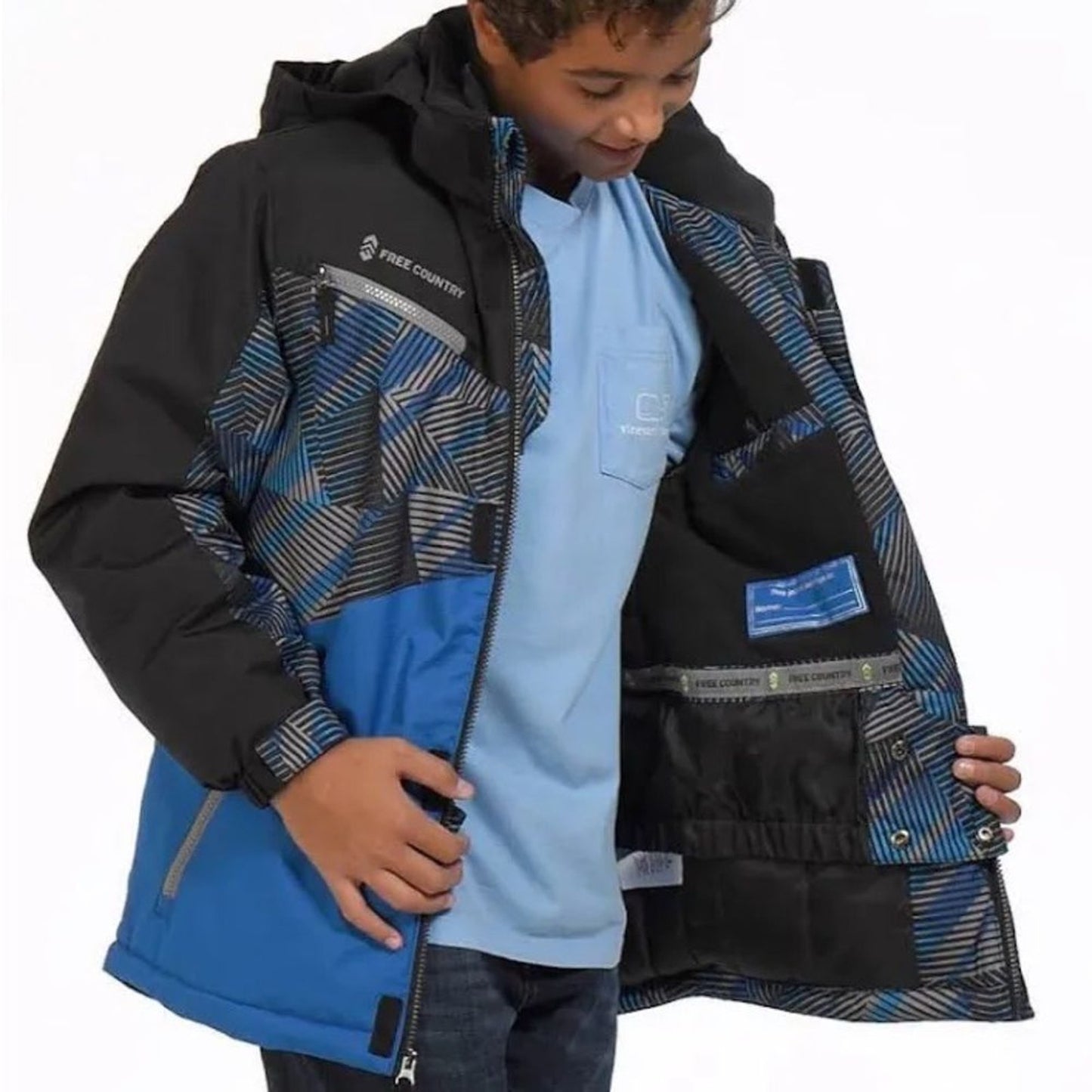 Free Country Boys Ski Snowboard Jacket XS 5/6 Blue Black Hooded Insulated