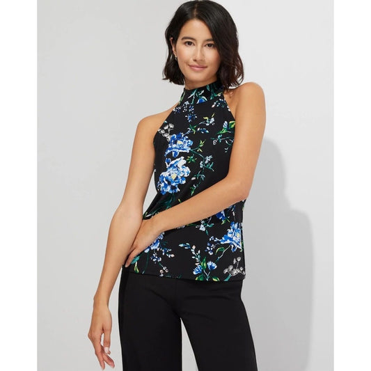 NWT WHBM Women's Small Sleeveless Floral Halter Blouse Black Mock-Neck Top