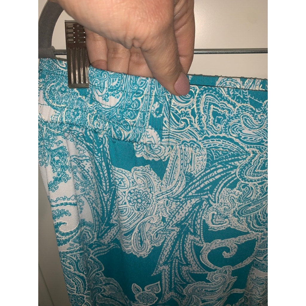 IMAN Women's XL Wide-Leg Paisley Pull-On Pants Blue Casual Shimmer