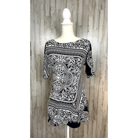 White House Black Market Women's Small 3/4 Sleeve Black Scroll Tunic Top