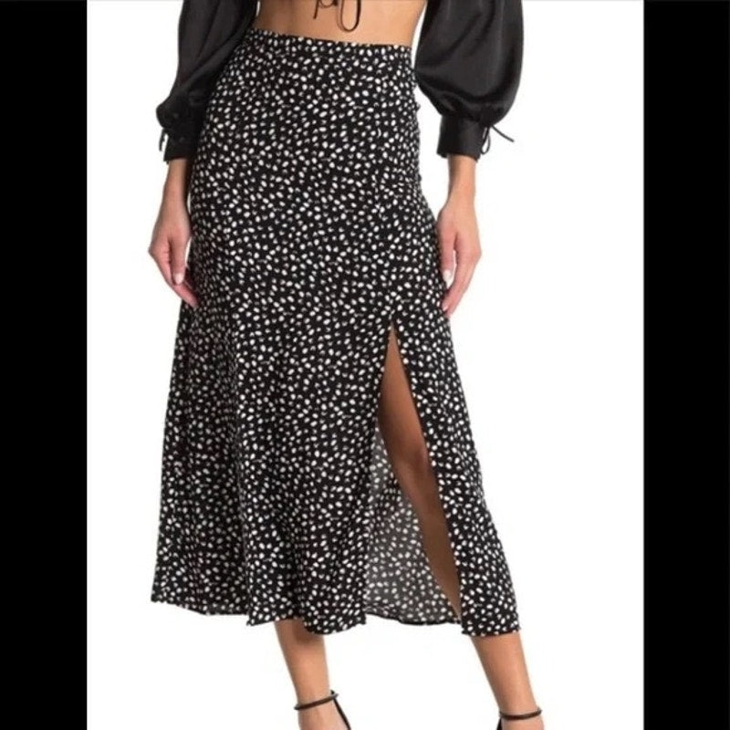 Topshop Women's Size 6 Black Polka Dot Midi Skirt with Slit Casual