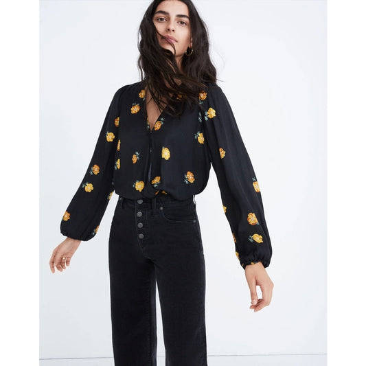 Madewell Women's Small Black Floral Wrap V-Neck Balloon Sleeve Blouse