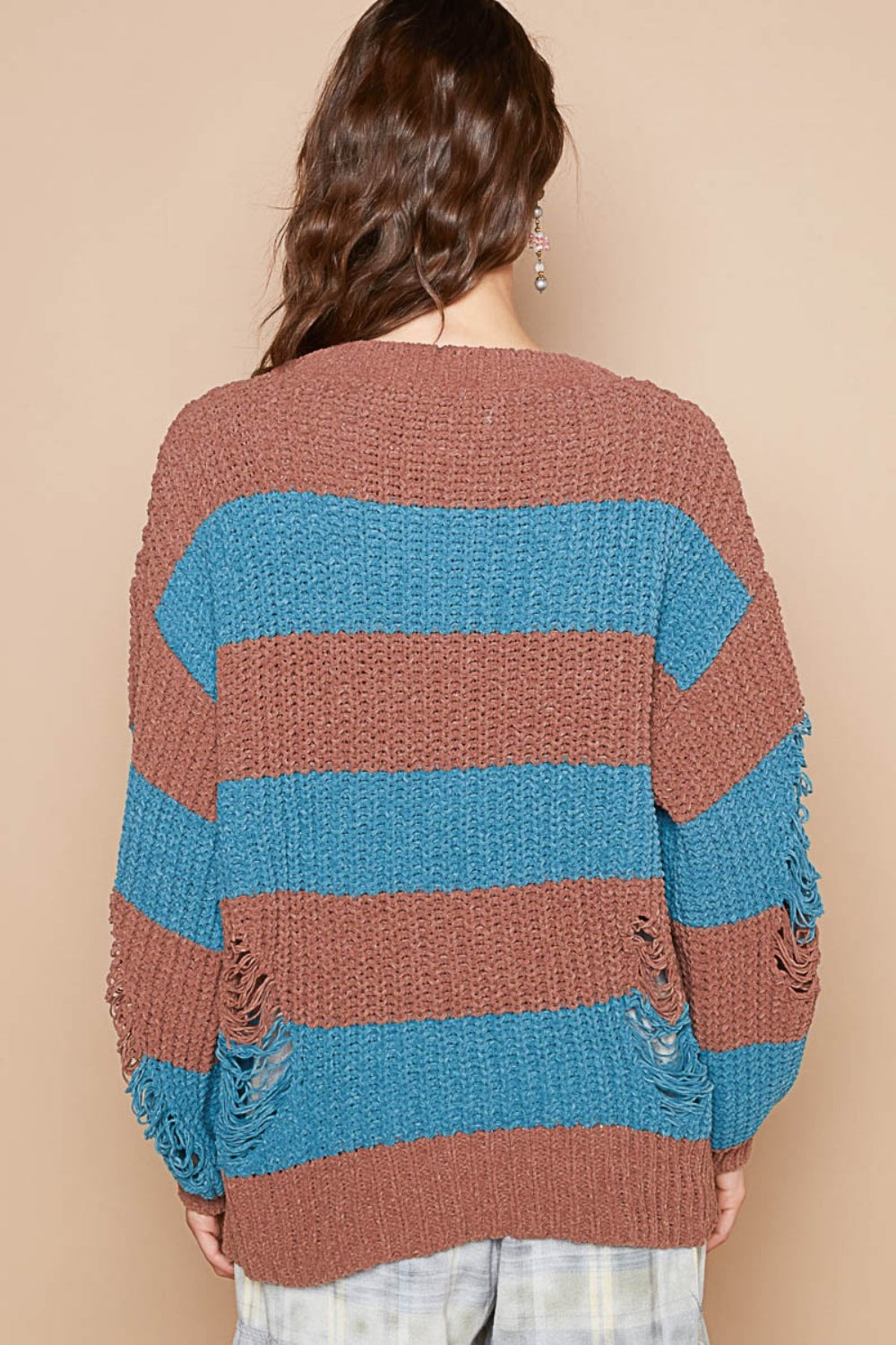 POL Striped Distressed Long Sleeve Sweater