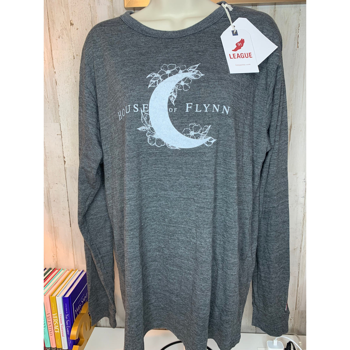NWT League 91 House of Flynn T-Shirt Men's Large Heather Gray Graphic Logo Crew