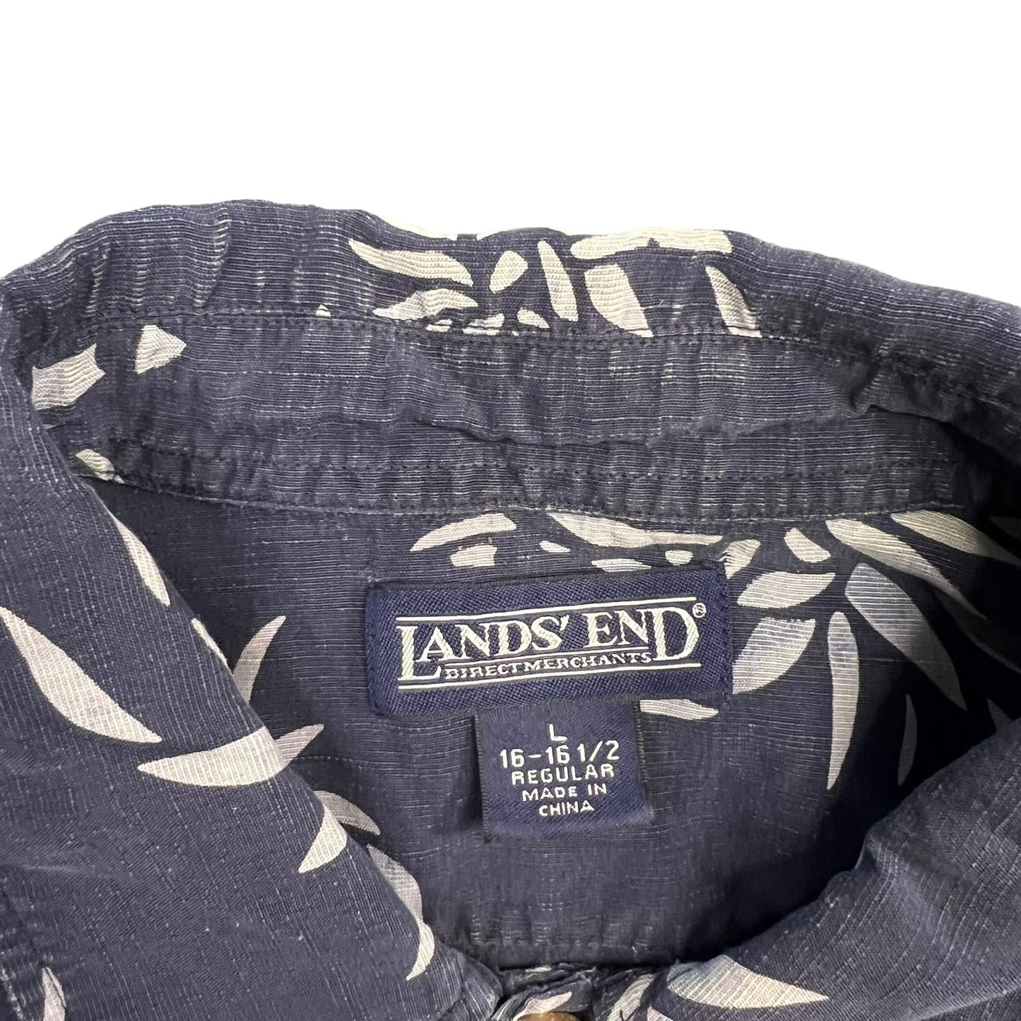 Lands' End Men’s Large Navy Blue Pineapple Print Short Sleeve Button Down Shirt