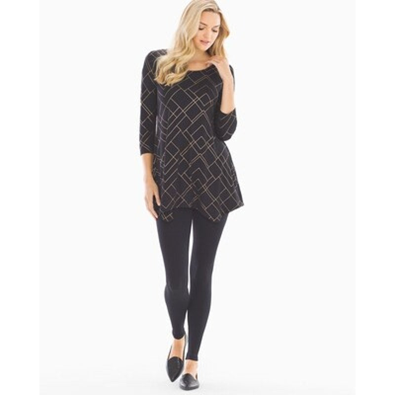 Soma Women's Medium Black & Gold Geometric Print 3/4 Sleeve Tunic Blouse