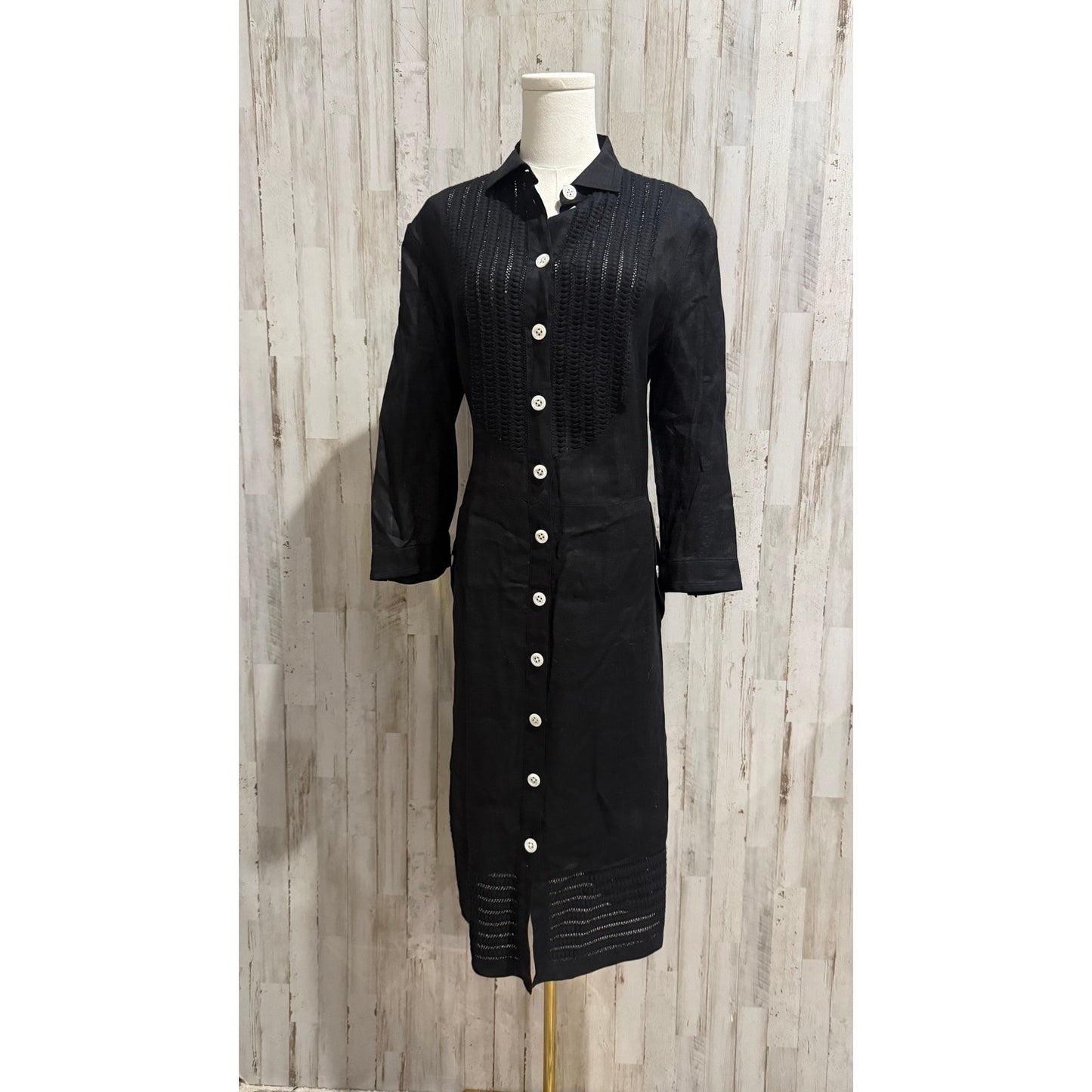 Rena Lange 100% Linen Black Button Front Midi Shirt Dress Size 12