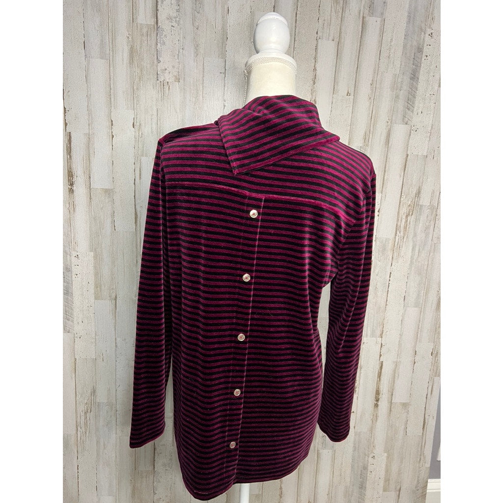 Talbots Women's Medium Red Striped Cowlneck Velour Pullover Top Long Sleeve