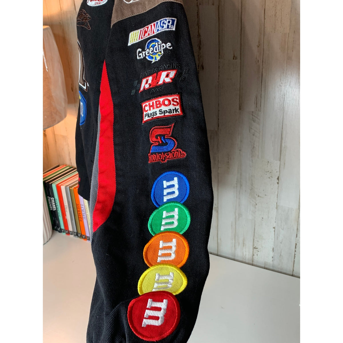 JH Design M&M's NASCAR Racing Varsity Jacket Mens Large Black Snap Front