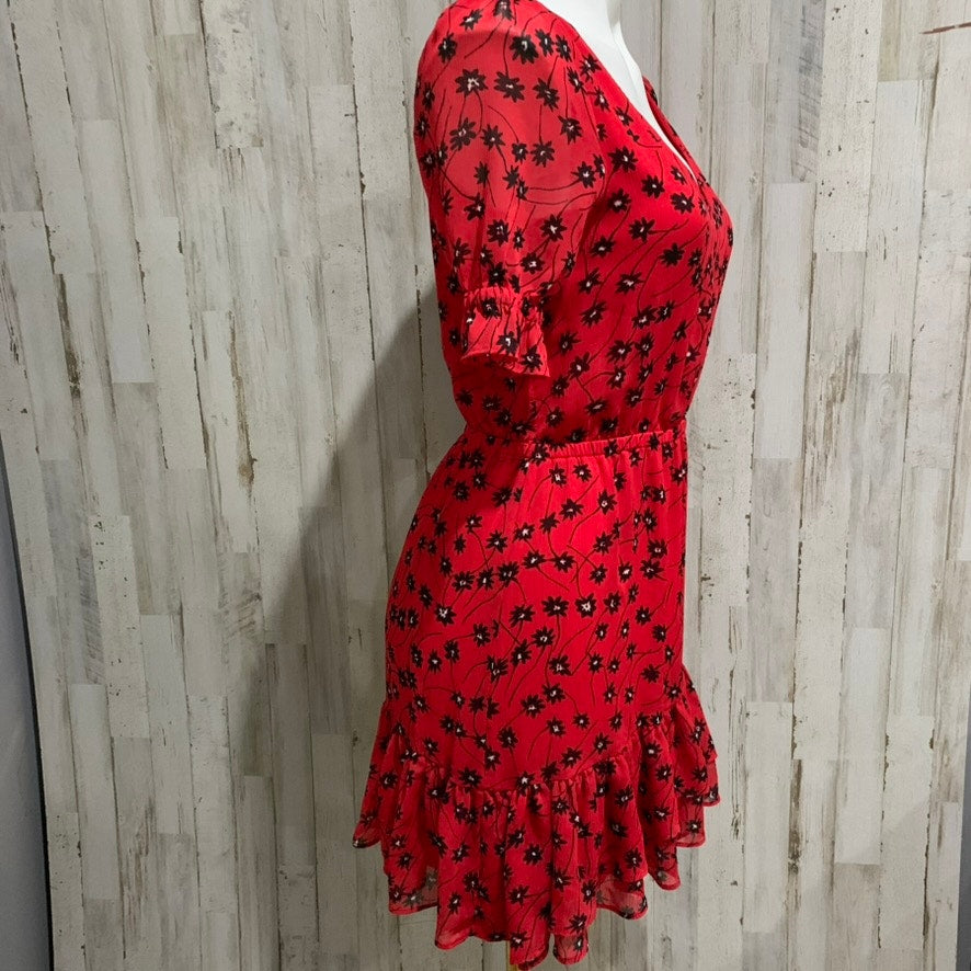Express Dress Womens XS Red Black Floral V-Neck Ruffle Hem
