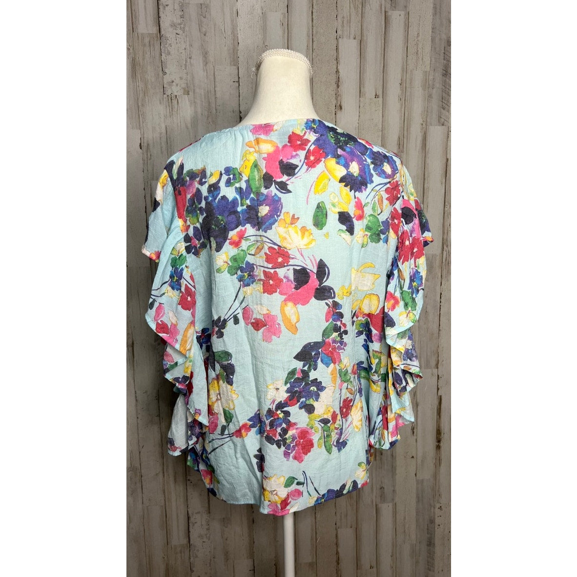 Zac & Rachel Women's Large Blue Floral Ruffle Blouse Short Sleeve Top