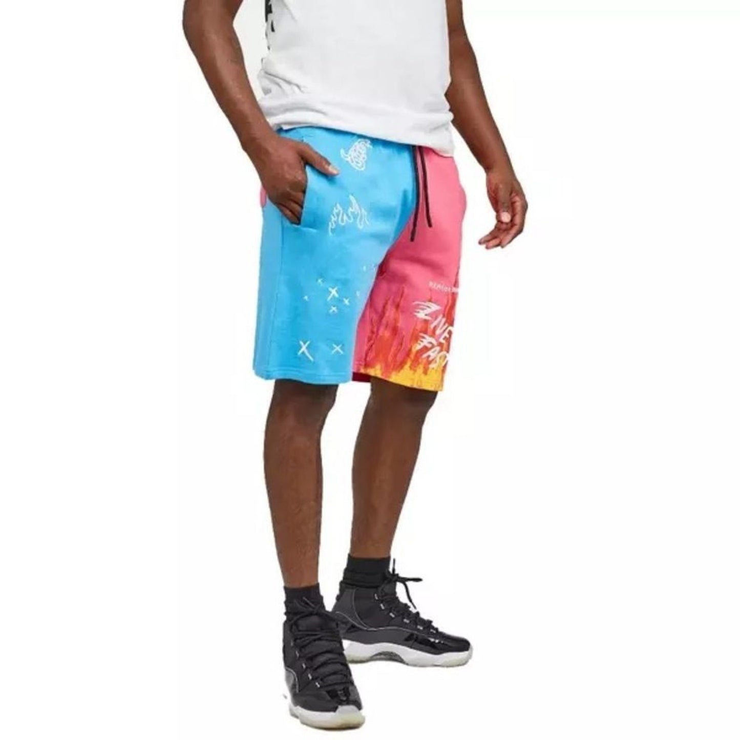 Reason Live Fast Shorts Men's XL Blue Pink Split Color Graphic Streetwear