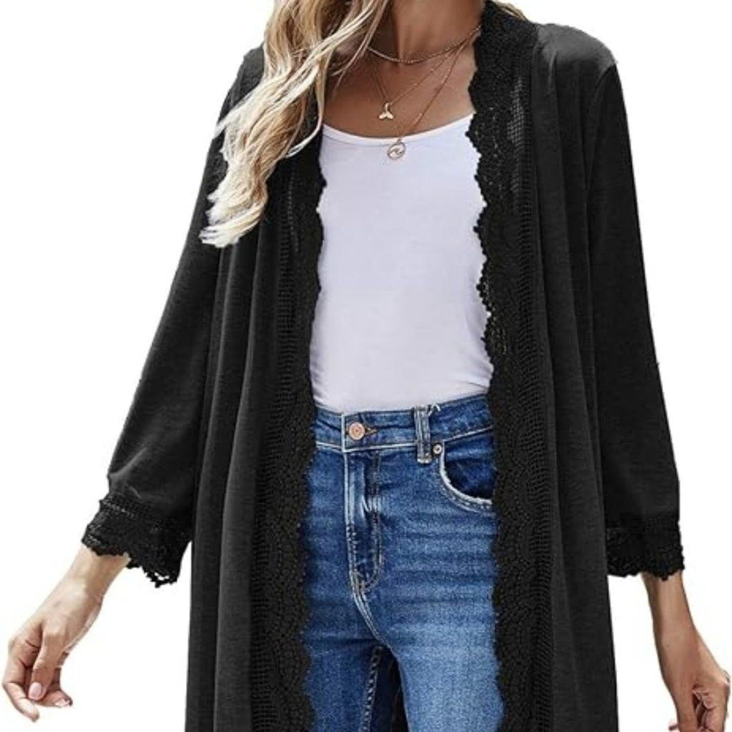 Women's Cardigan 3/4 Sleeve  Open Front Lace Wrap Long Duster Cardigan