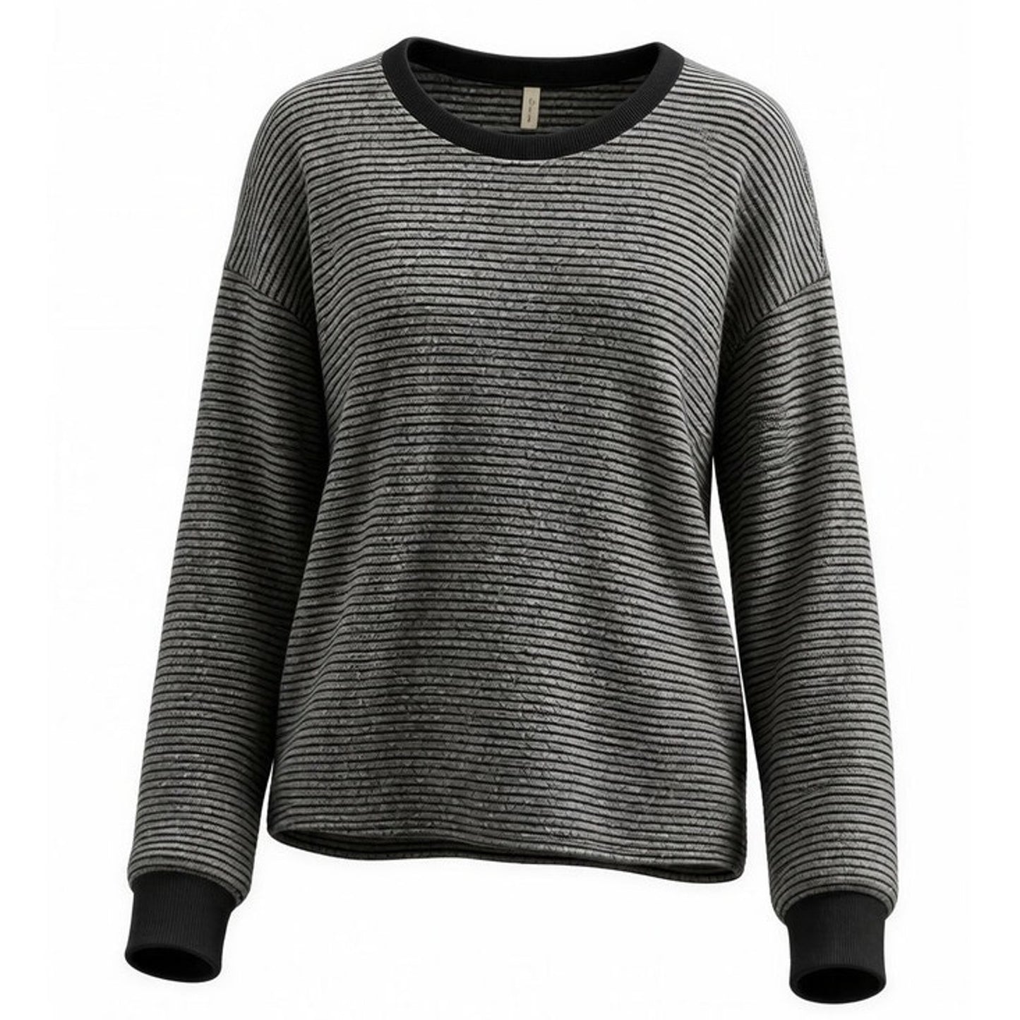 MTS Top Womens Size Medium Black & Gray Striped Long Sleeve Crew Neck Pullover