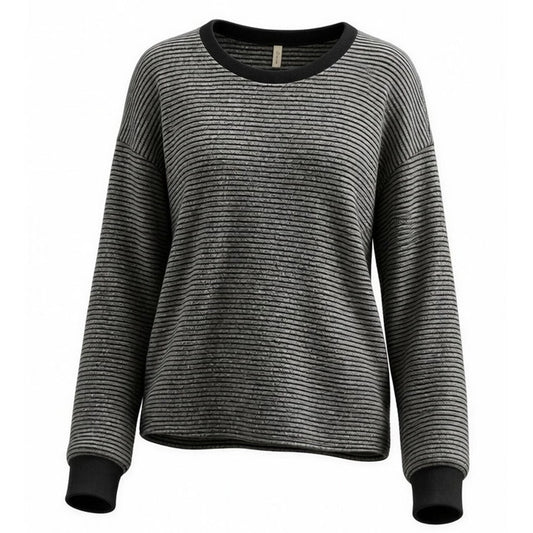 MTS Top Womens Size Medium Black & Gray Striped Long Sleeve Crew Neck Pullover