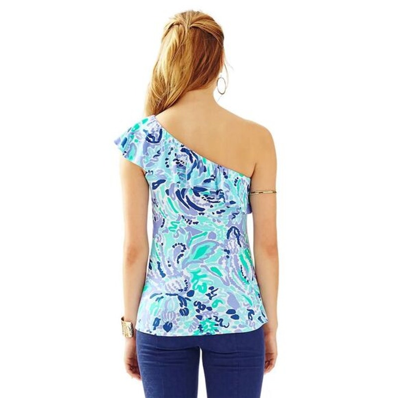 Lilly Pulitzer Women's XS Neveah One Shoulder Top Abstract Print Ruffle Detail