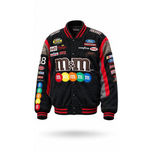 JH Design M&M's NASCAR Racing Varsity Jacket Mens Large Black Snap Front