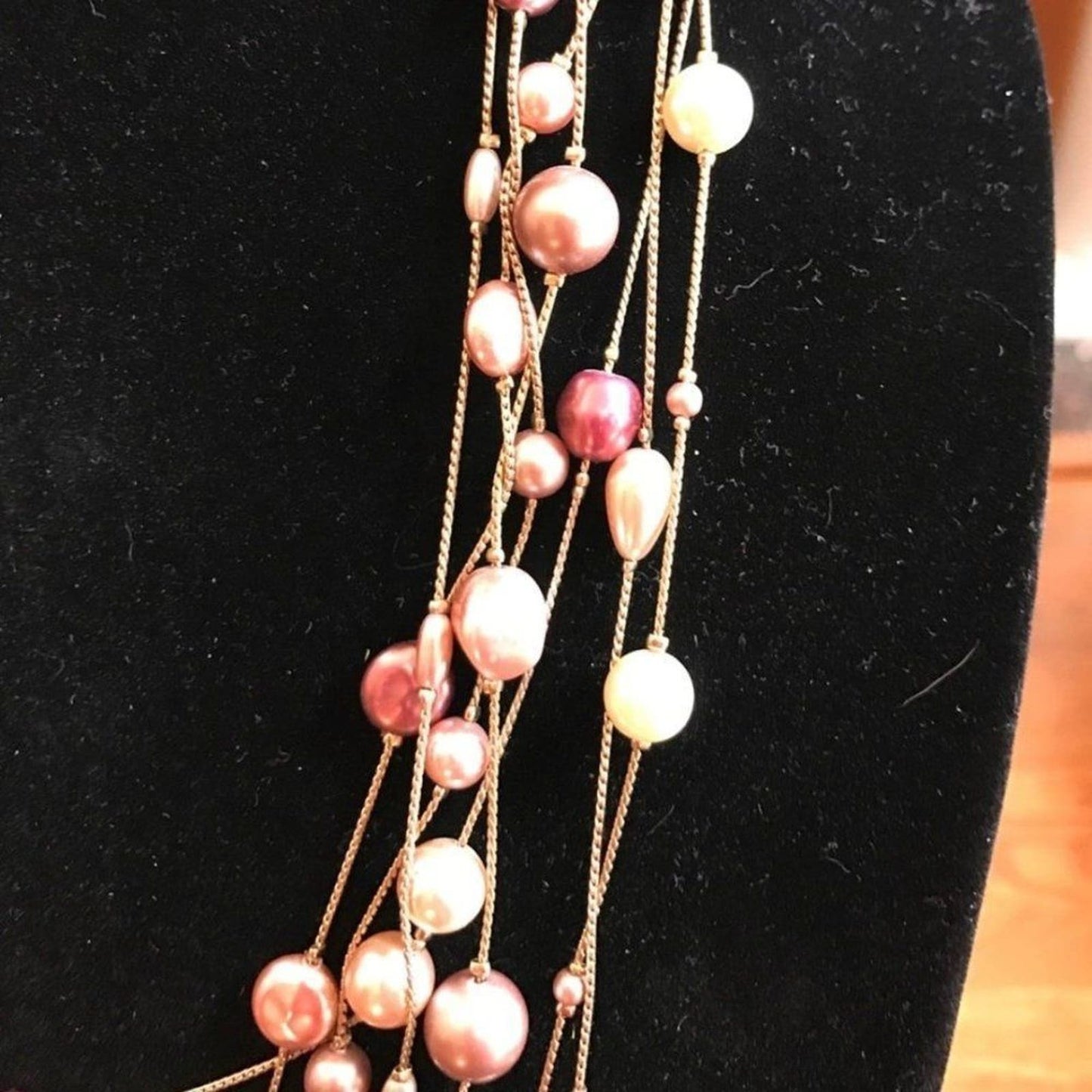 Multi-strand pink/gold/white long necklace 