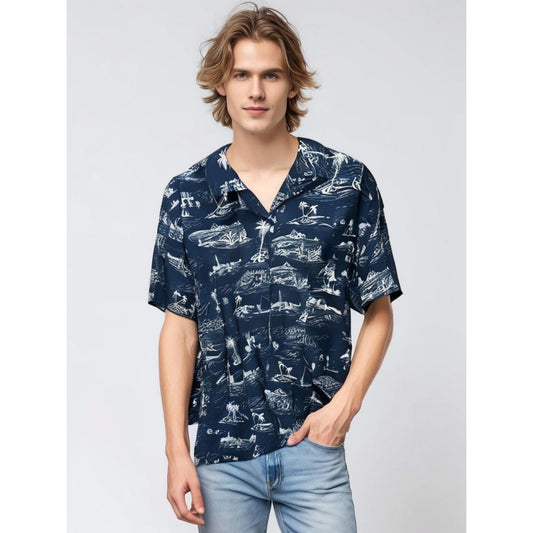 Men's 3XL Hawaiian Shirt Navy Island Print Short Sleeve