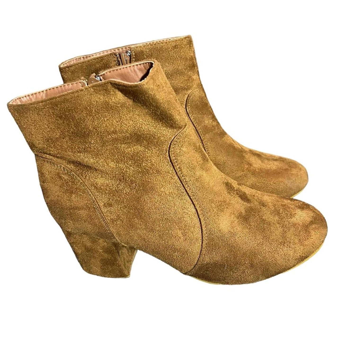 Top Moda Women's Ankle Booties Brown Round Toe Block Heel Side Zip Size 7