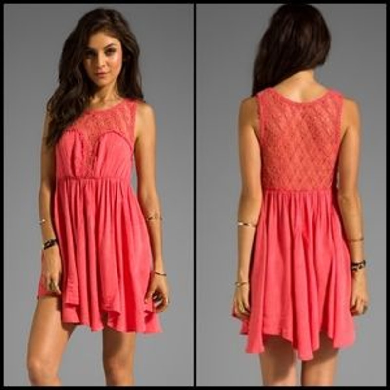 Free People Women's Size Coral Pink Small Fiesta Crochet Lace Boho Dress