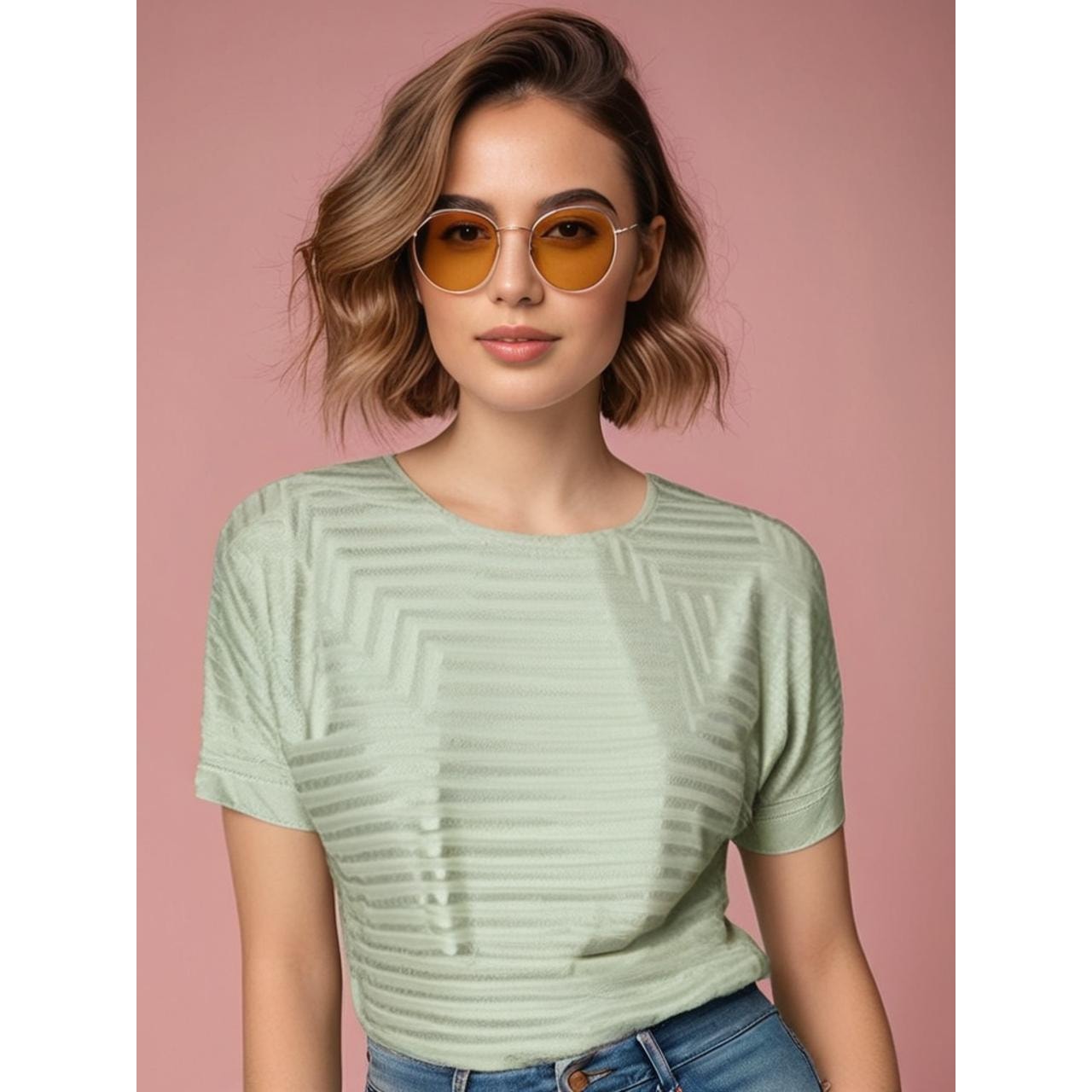 DKNY Women's XS Mint Green Geometric Short Sleeve Pullover Sweater
