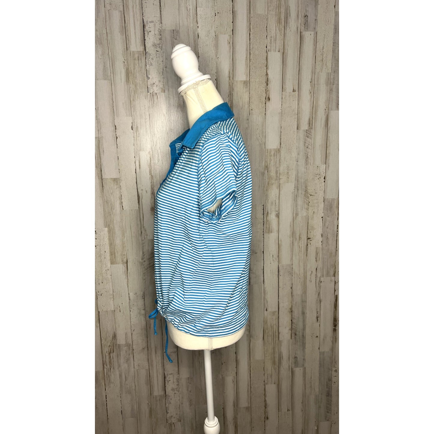 Kim Rogers Women's Large Blue Striped Polo Shirt w/ Drawstring Hem