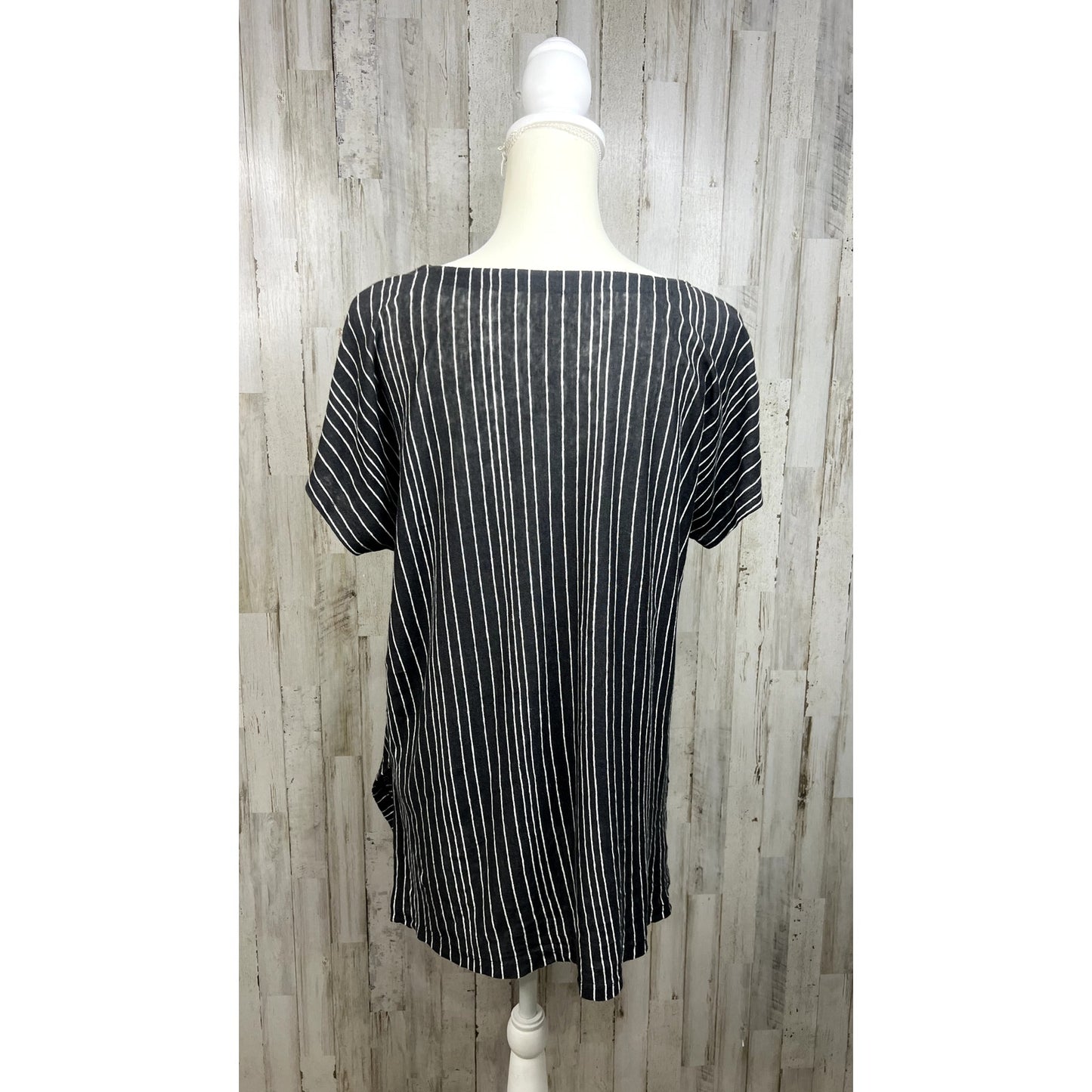 Eileen Fisher Women's XS Black & White Striped Tunic Top Short Sleeve Boat Neck