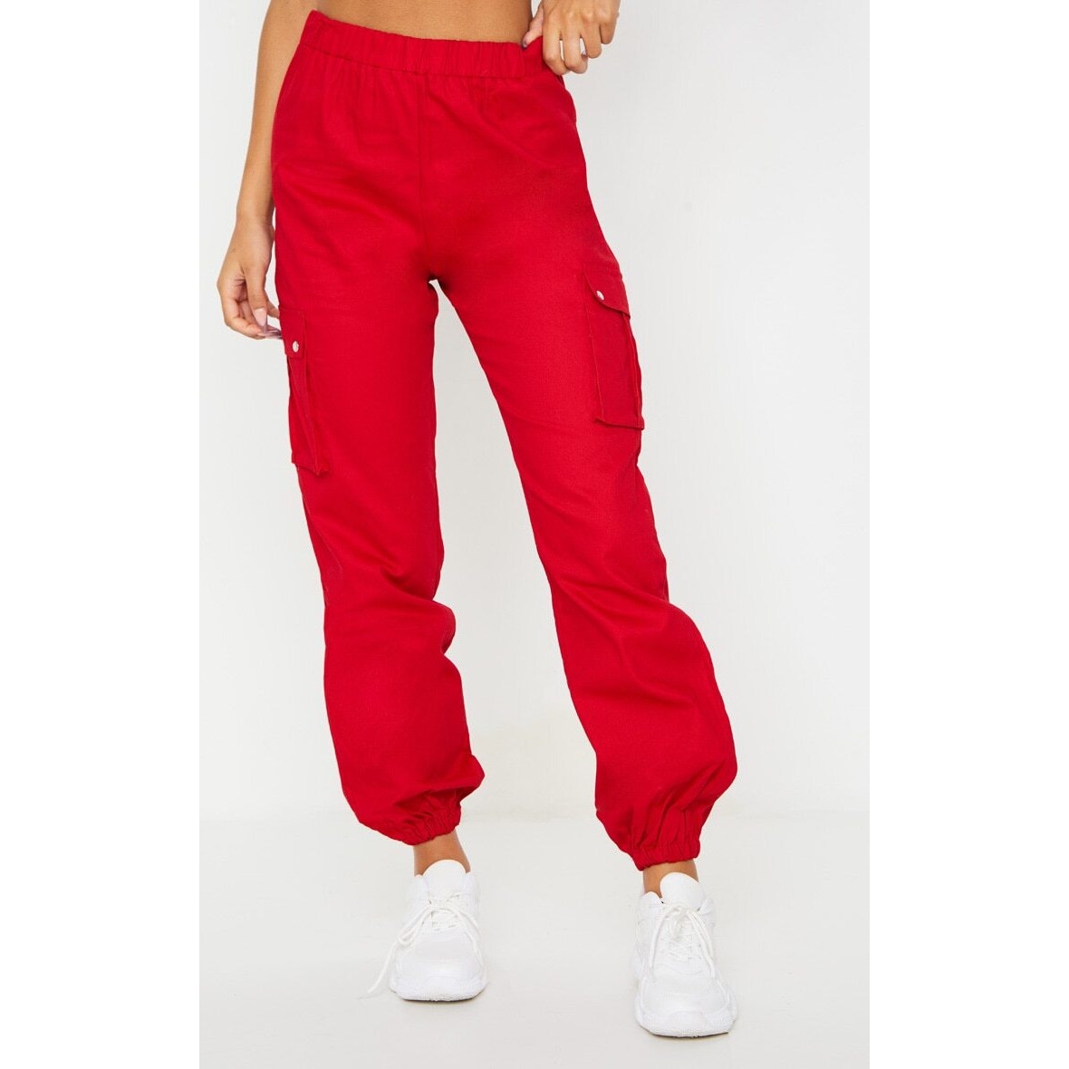 PrettyLittleThing Women's Red Cargo Jogger Pants Size 6 Casual Elastic Waist