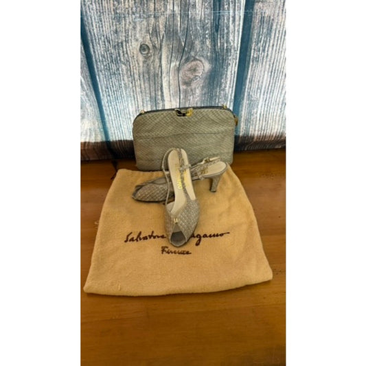 Salvatore Ferragamo Women's Gray Snakeskin Clutch & Heels Set Size 8 Formal