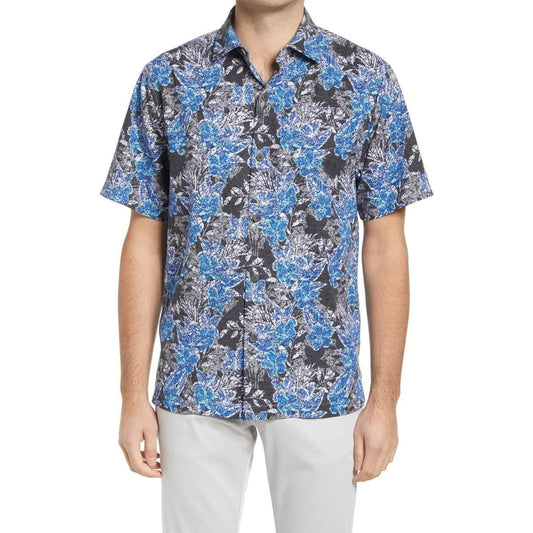 Tommy Bahama Men's After Hours Blooms Short Sleeve Black/Blue Camp Shirt - Men’s Small