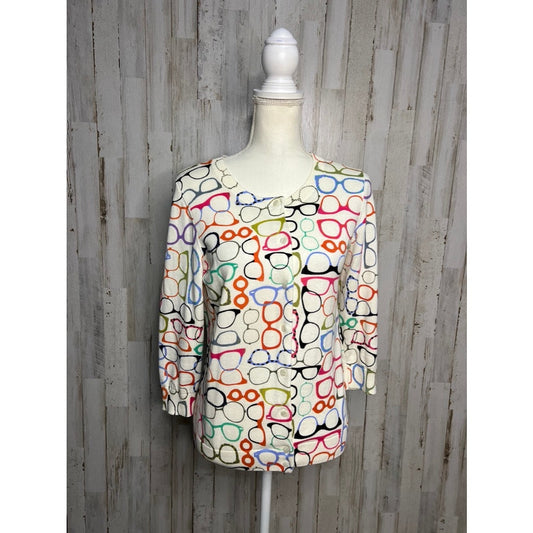 Talbots Women's Size Small Colorful Glasses Print Cardigan Sweater