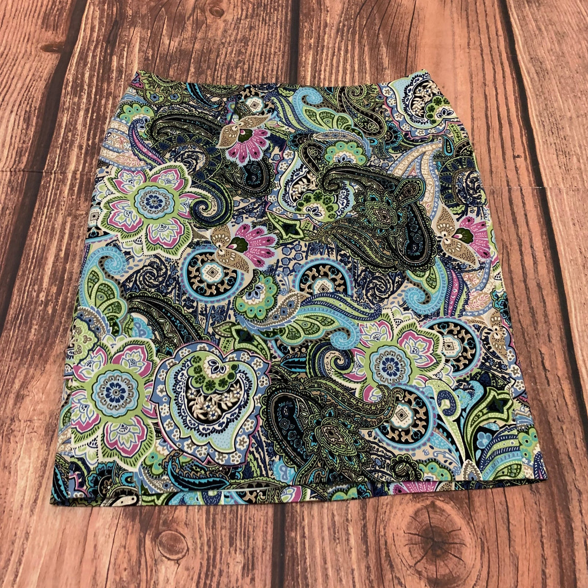 Talbots Petites Paisley Pencil Skirt Size 10P Blue Green