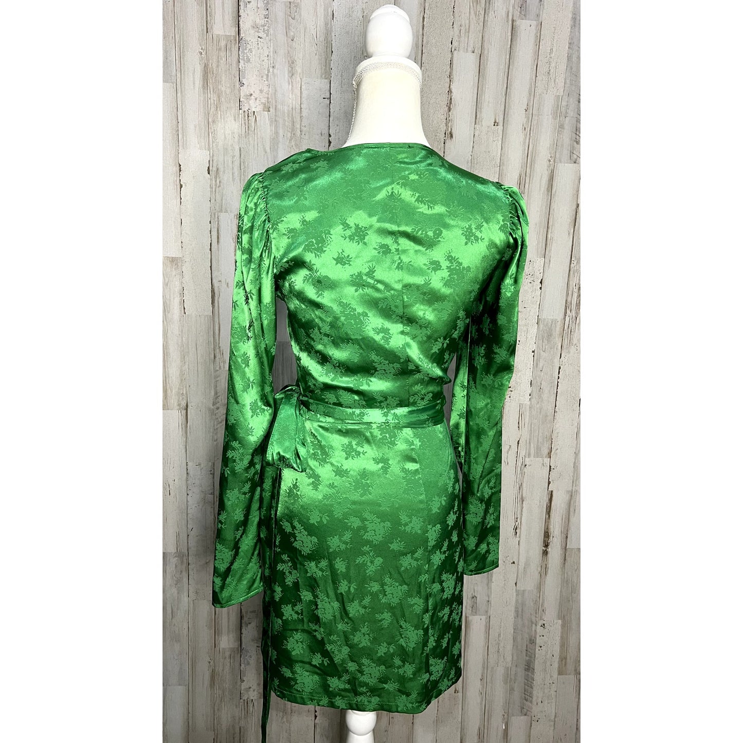 Zara Women's Green Satin Kimono Wrap Midi Dress Size Small Party Cocktail